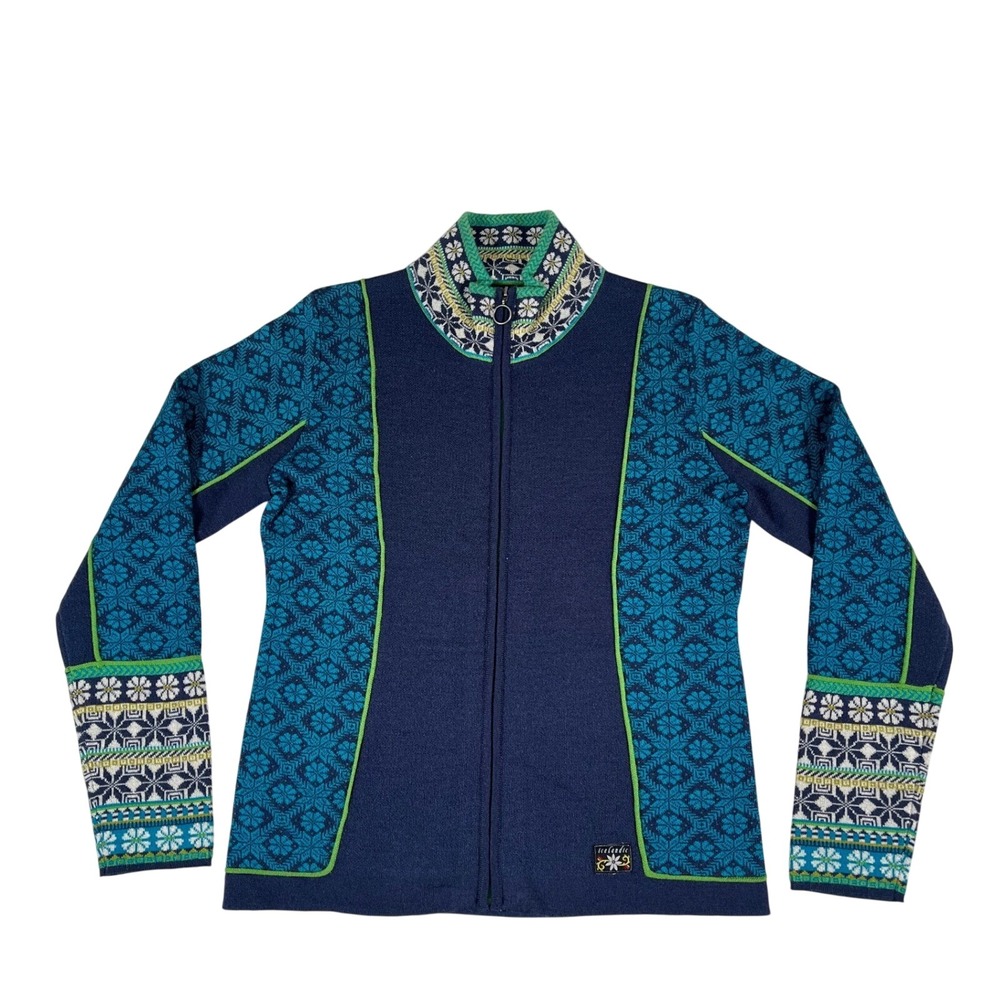 Icelandic Design Womens Navy Teal Fair Isle Wool Blend Full Zip Sweater Jacket M
